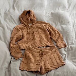 Cozy Knit Hoodie & Shorts Set - Camel